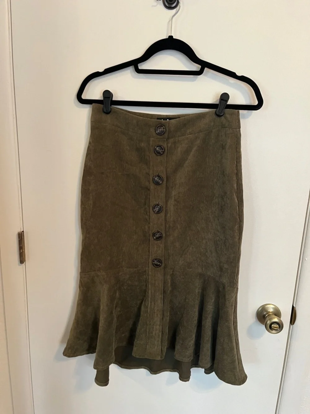 Lulu's Olive Green Button-Front Corduroy Flounce Skirt - Picture 1 of 3